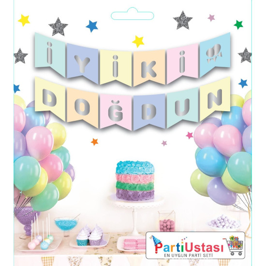 Yazi Varakli Zarf Banner İyk  Doğdun Macaron Gümüş