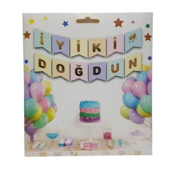 Yazi Varakli Zarf Banner İyk  Doğdun Macaron Gold