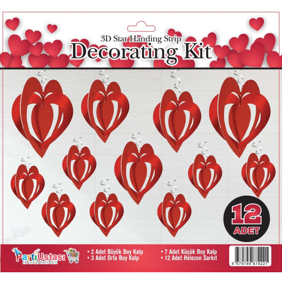 3d Tavan Süs 12 Li̇ Kalp Kirmizi