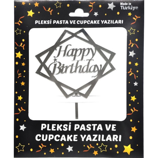 Pasta Yazisi Pleksi̇ Happy Birthday çerçeveli̇ Gümüş